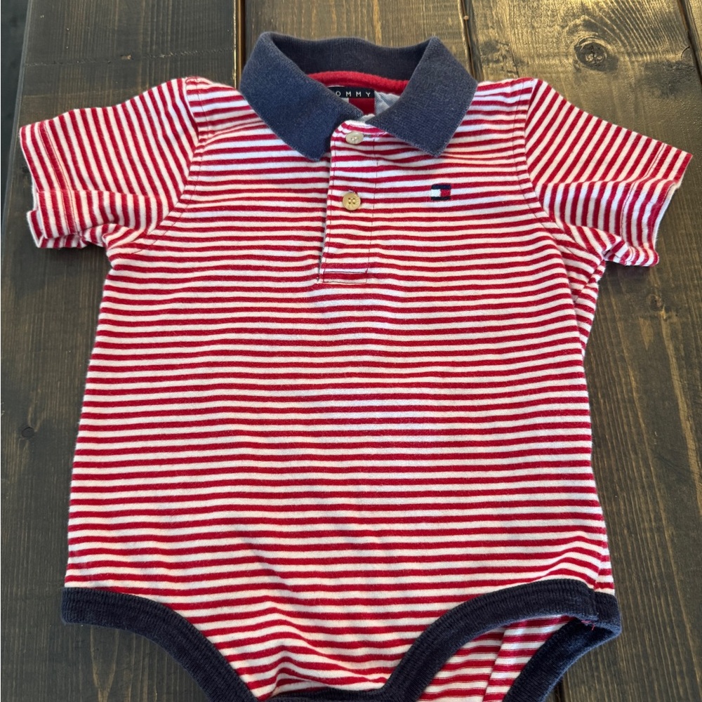 Tommy Hilfiger Red and White Striped Polo Baby Bodysuit with Navy Trim